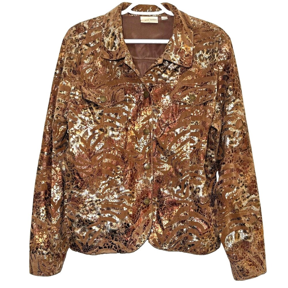 Erin London L Metallic Animal Print Jacket Bronze Gold Button Front Shacket Top